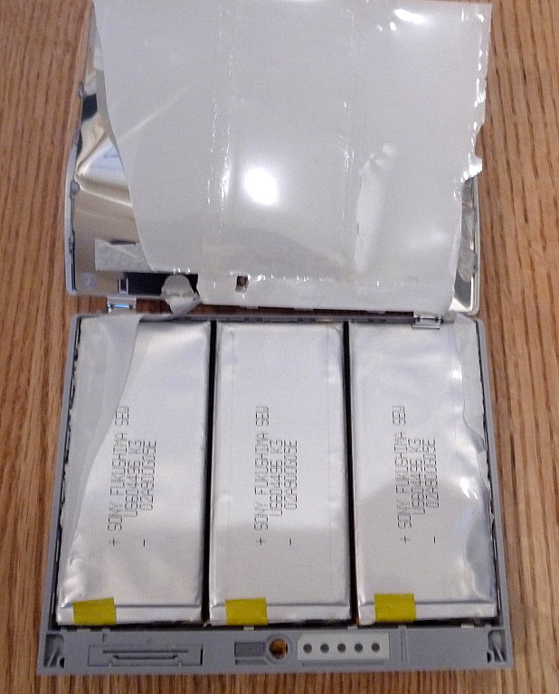 The 3 Sony Li-on cells inside a Macbook Pro battery.